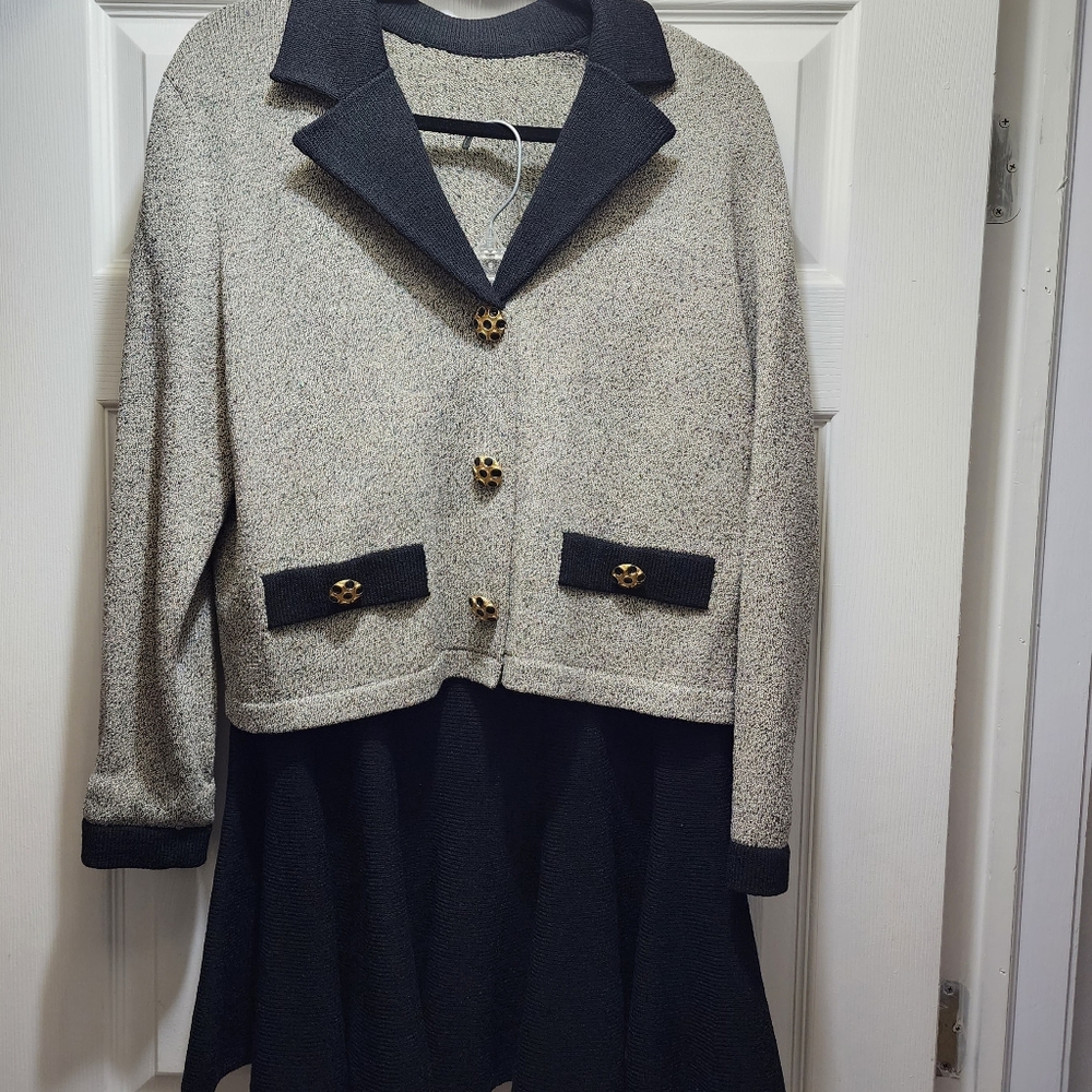 Vintage L.S.S. Women's Sweater Jacket & Skirt Set Black and Grey